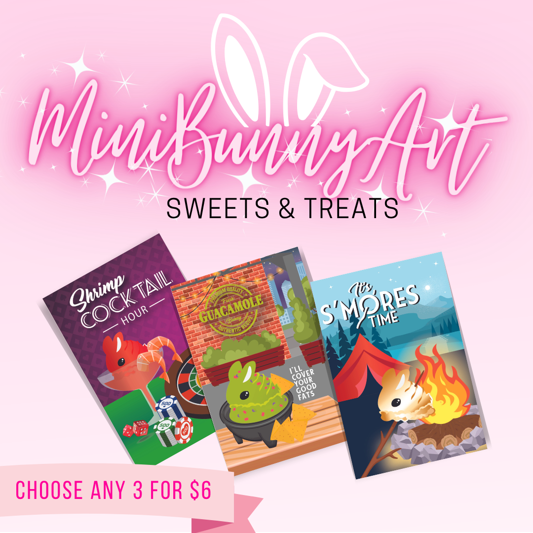Promotional graphic for 'MiniBunny Art' with three colorful cards on a pink background.