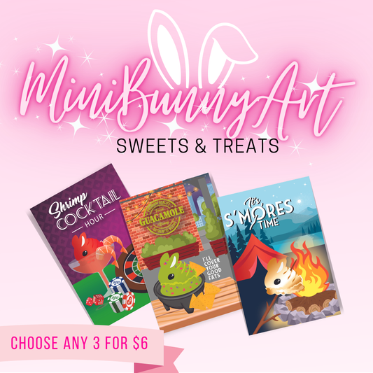 Promotional graphic for 'MiniBunny Art' with three colorful cards on a pink background.