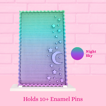 Night sky Moon and Star display board with the words holds 10+ enamel pins.