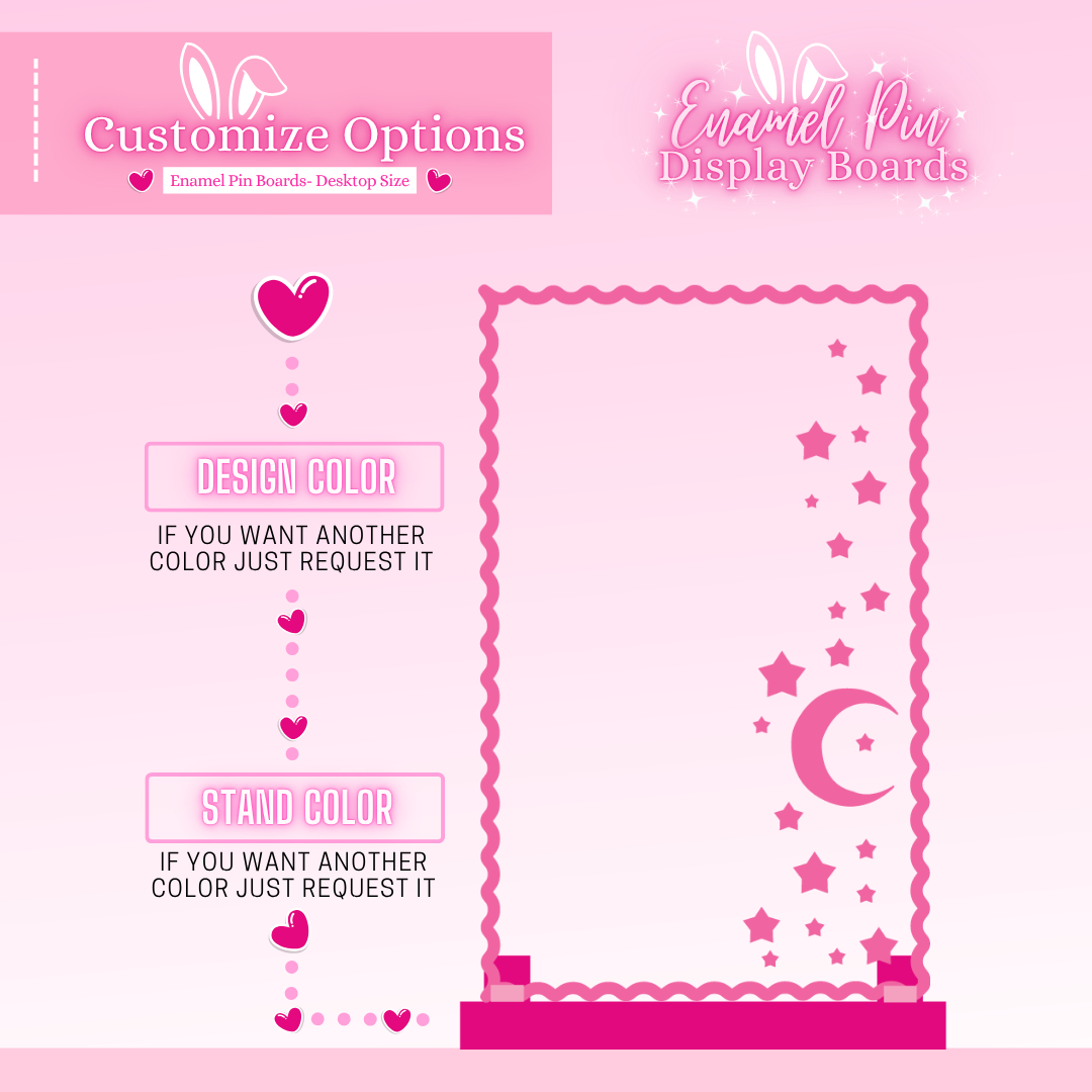 Pink display board with customizable options for design and stand color on a pink background.