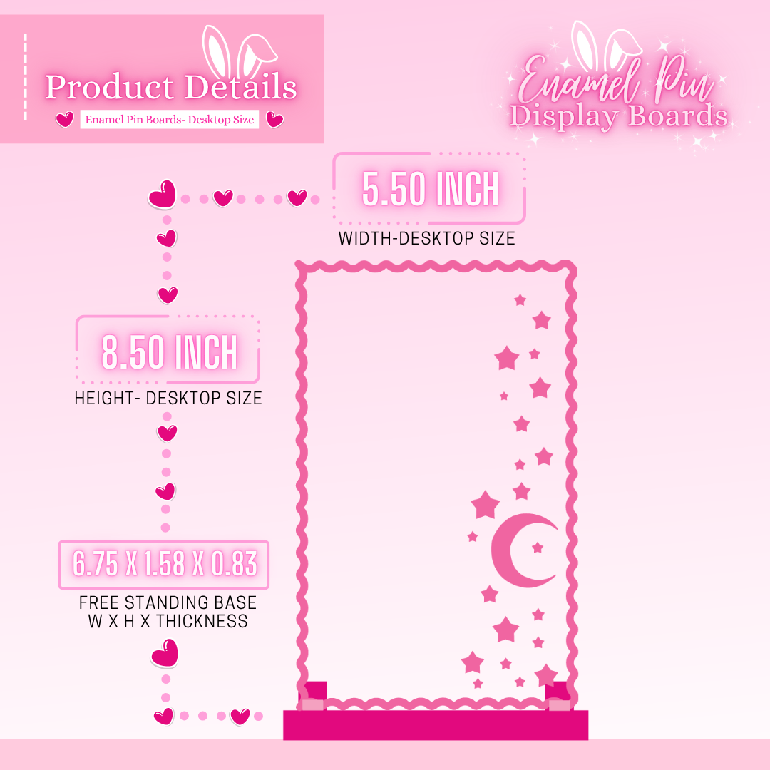 Pink enamel pin display board with measurements and product details on a pink background