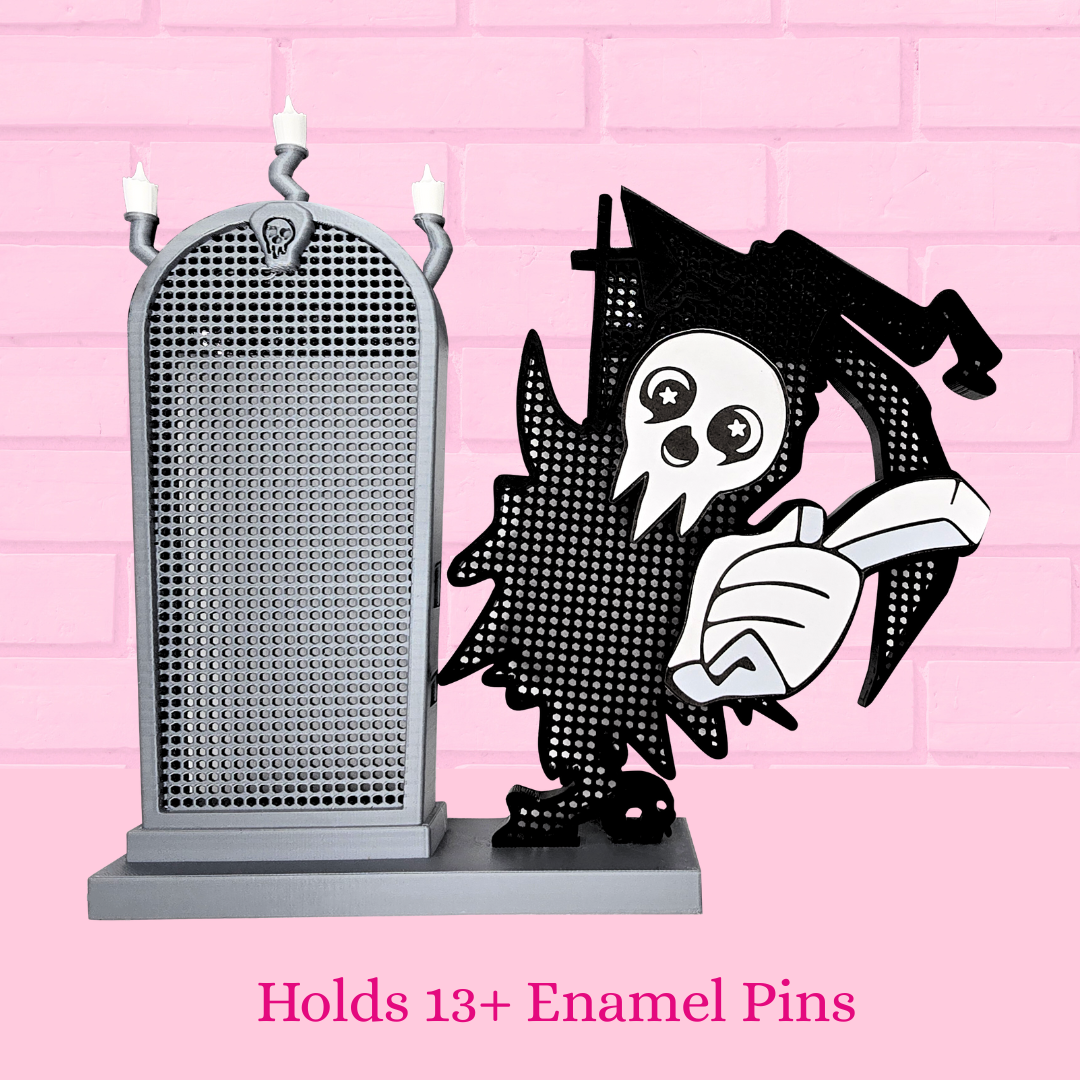 L-Death with Mirror enamel pin board with the words holds 13+ enamels pins.