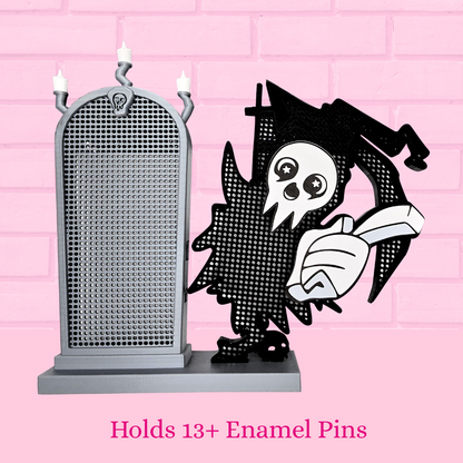 L-Death with Mirror enamel pin board with the words holds 13+ enamels pins.