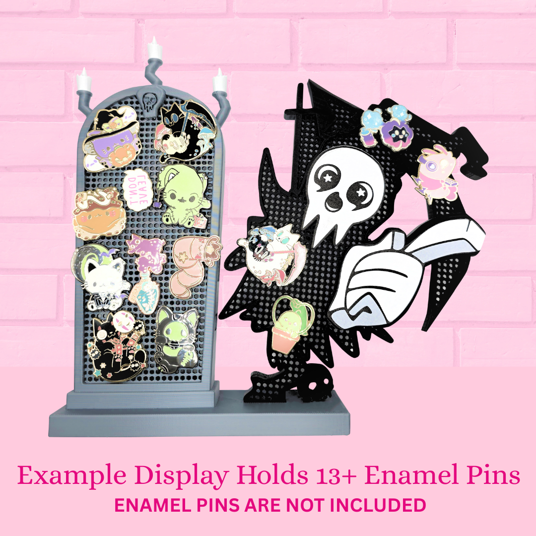 Example Display L-Death with Mirror enamel pin board with 14 pins and the words Example display holds 13+ enamel pins, Enamel pins are not included.
