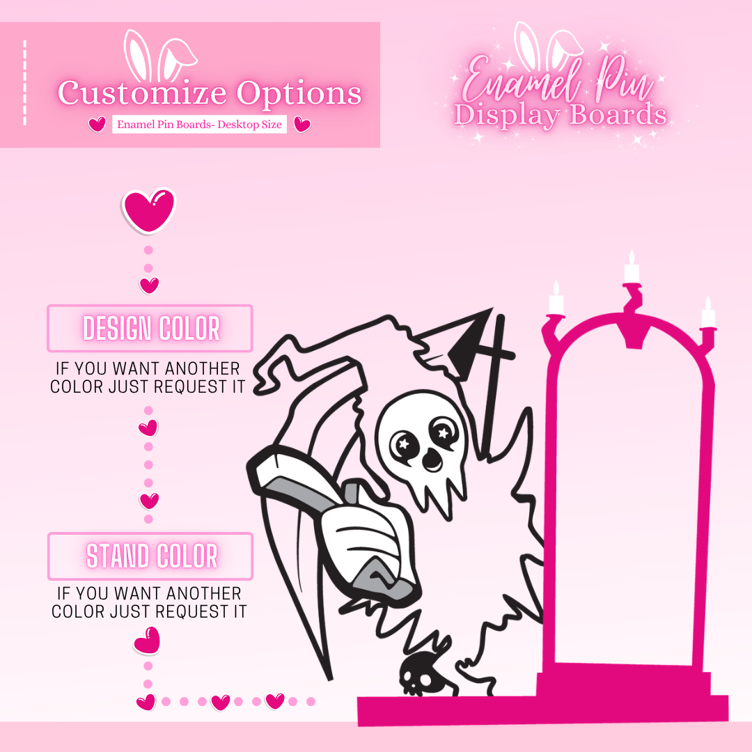 Pink display board with customizable options for design and stand color on a pink background.