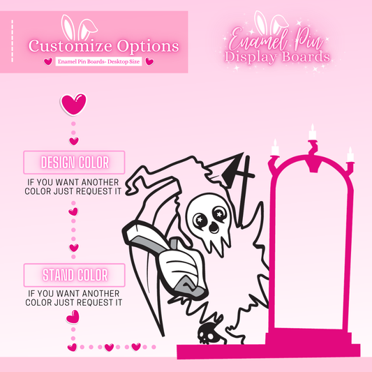Pink display board with customizable options for design and stand color on a pink background.