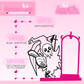 Pink enamel pin display board with measurements and product details on a pink background