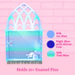 A gothic-style LED pin board with a glowing iridescent blue and teal design, shown against a pink brick wall background with text indicating it holds 15+ enamel pins and listing color options.