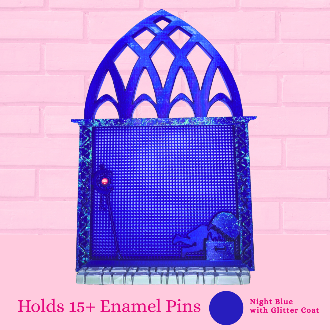 Night Blue with Glitter coat Frieren Room enamel pin board with the words holds 15+ enamel pins.