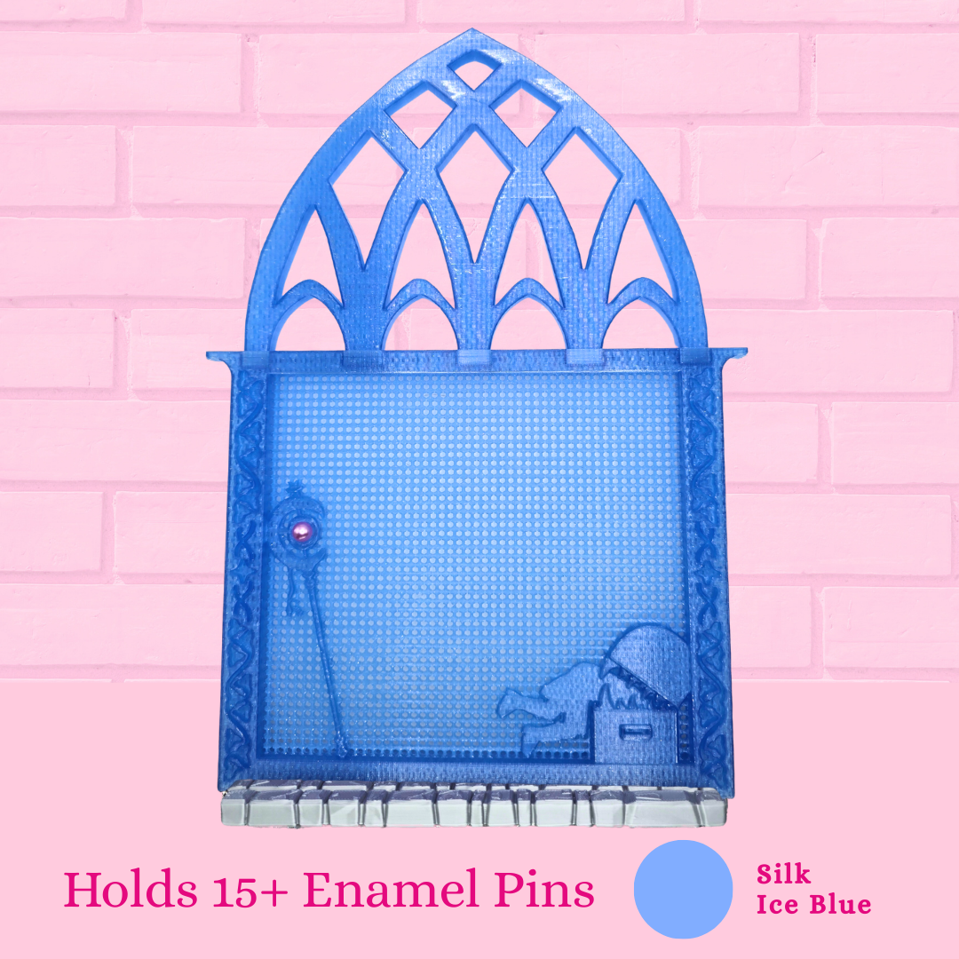 Silk Ice Blue Frieren Room enamel pin board with the words holds 15+ enamel pins.
