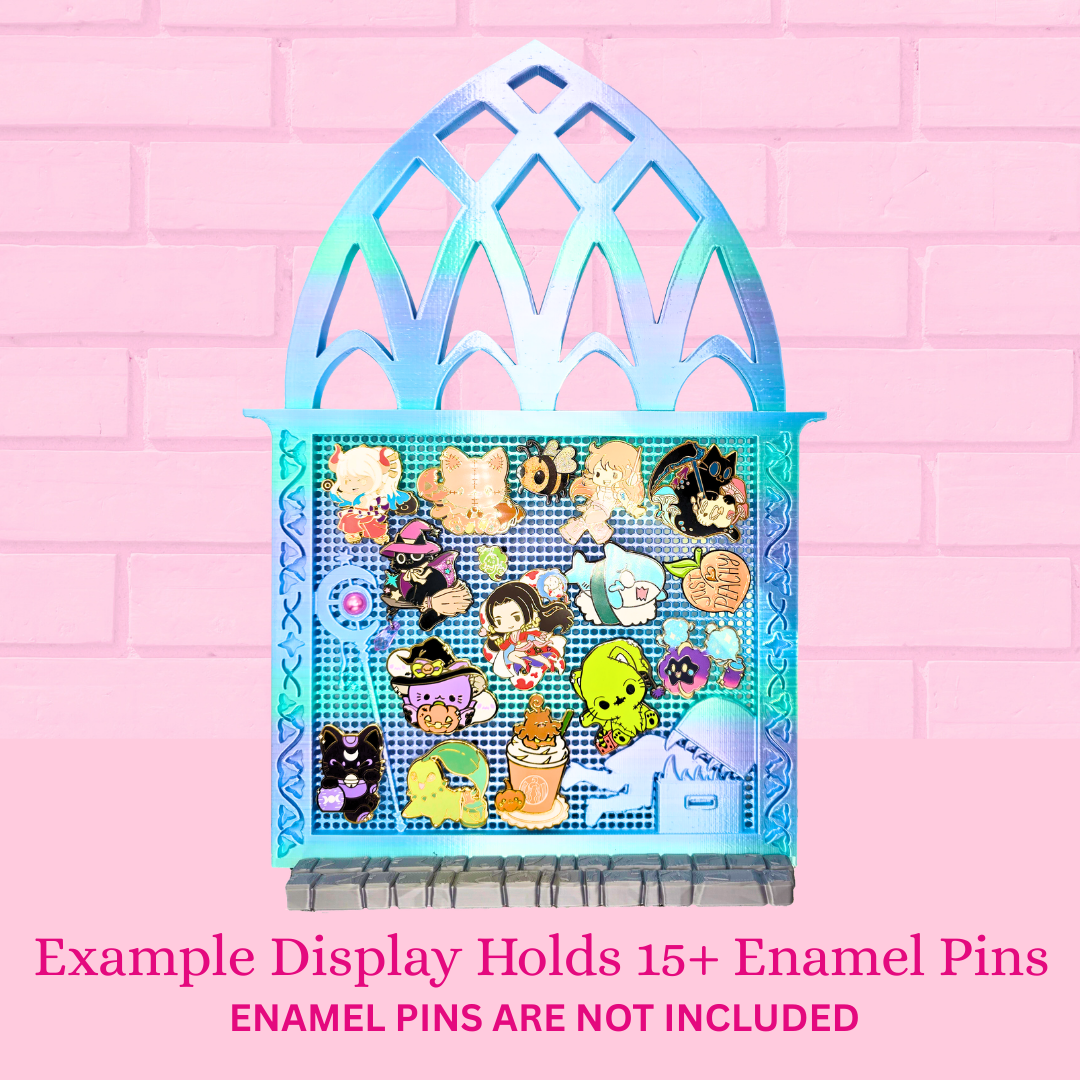Example Frieren Room enamel pin board with 15 pins, and the words Example display holds 15+ Enamel pins, Enamel Pins are not included.