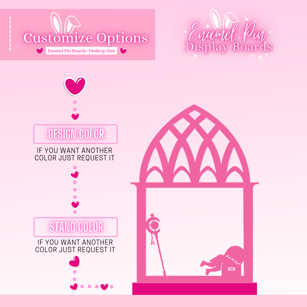 Pink display board with customizable options on a pink background