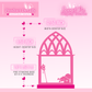 Pink enamel pin display board with measurements and product details on a pink background