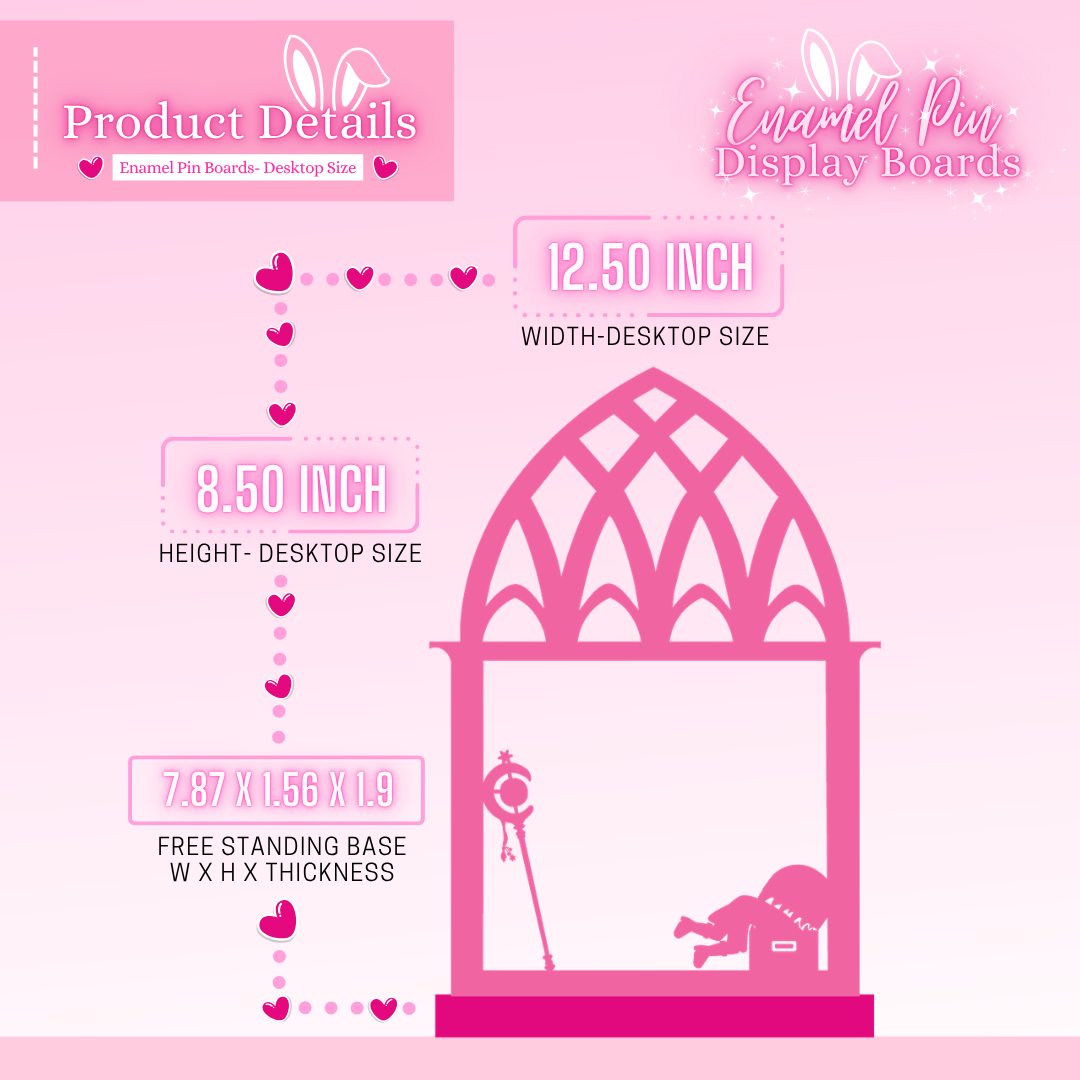 Pink enamel pin display board with measurements and product details on a pink background