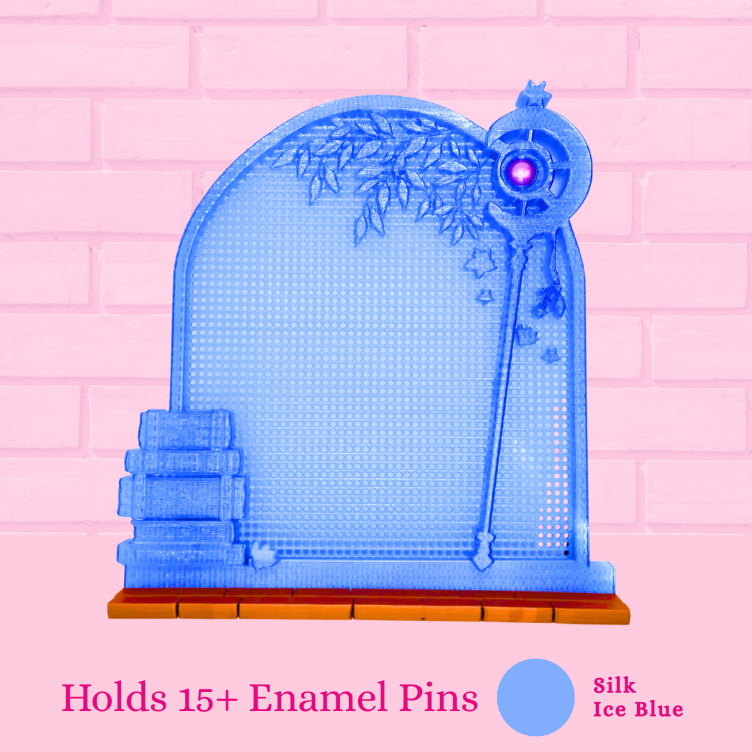 Silk Ice Blue Frieren Room enamel pin board with the words holds 15+ enamel pins.