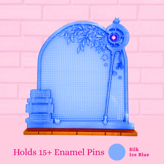 Silk Ice Blue Frieren Room enamel pin board with the words holds 15+ enamel pins.