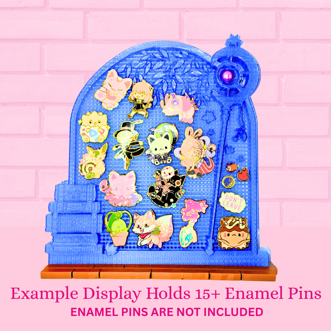 Example Frieren Window enamel pin board with 18 pins, and the words Example display holds 15+ Enamel pins, Enamel Pins are not included.