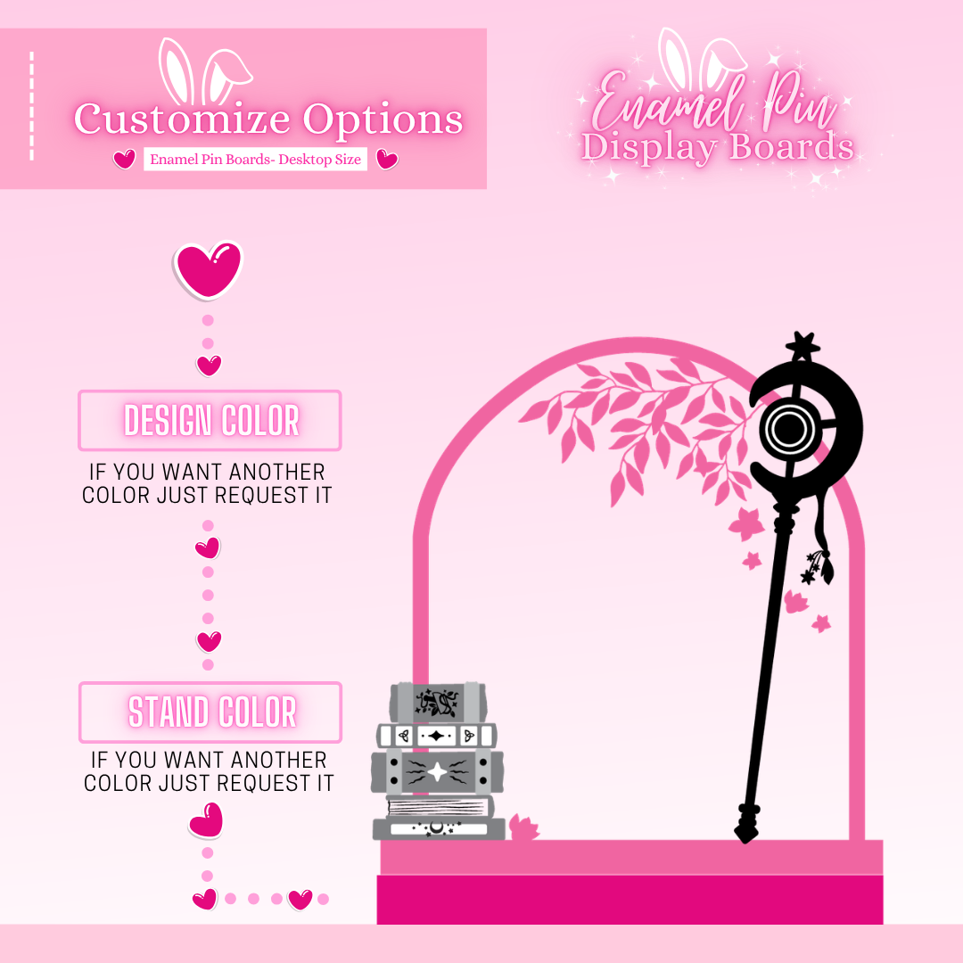 Pink display board with customizable options for design and stand color on a pink background.