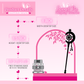 Pink enamel pin display board with measurements and product details on a pink background