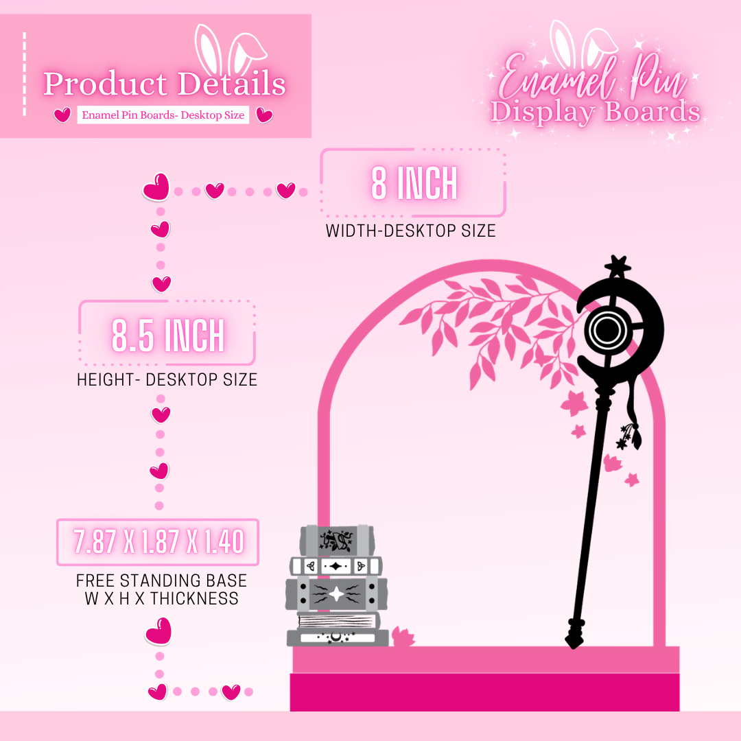Pink enamel pin display board with measurements and product details on a pink background