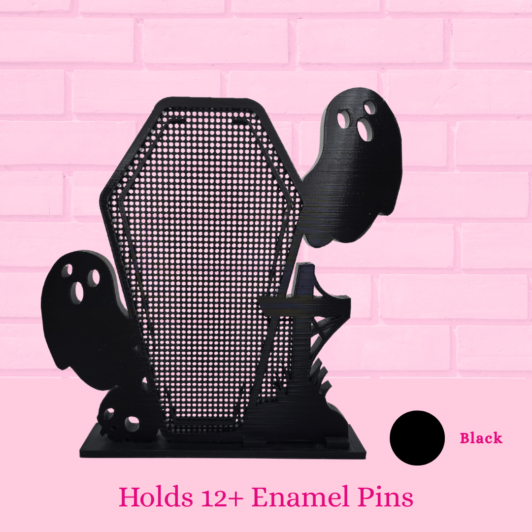 Black Ghost Coffin with Skull/Cross enamel pin display board is shown with words holds 12+ enamel pins.