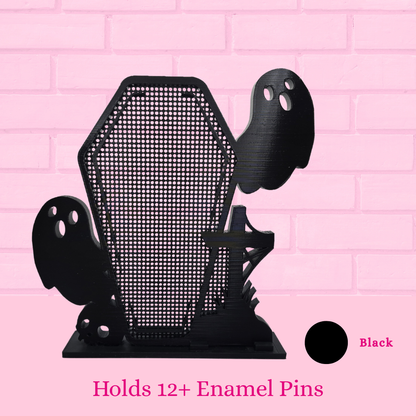 Black Ghost Coffin with Skull/Cross enamel pin display board is shown with words holds 12+ enamel pins.