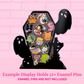 Example display Ghost Coffin with Skull/Cross with 12 enamel pins, with the words Example display holds 12+ enamel pins, enamel pins are not included.