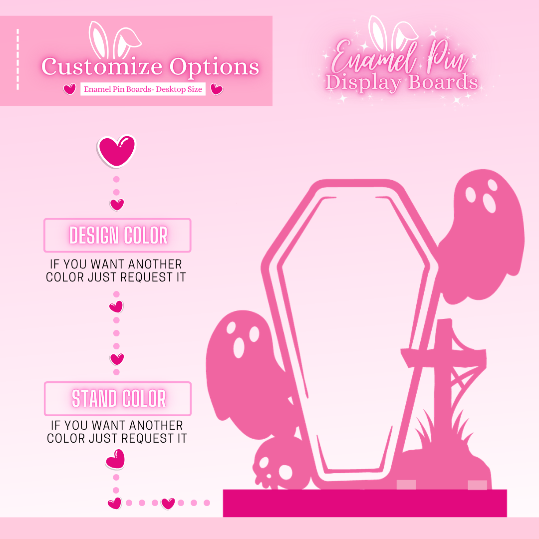 Pink display board with customizable options for design and stand color on a pink background.