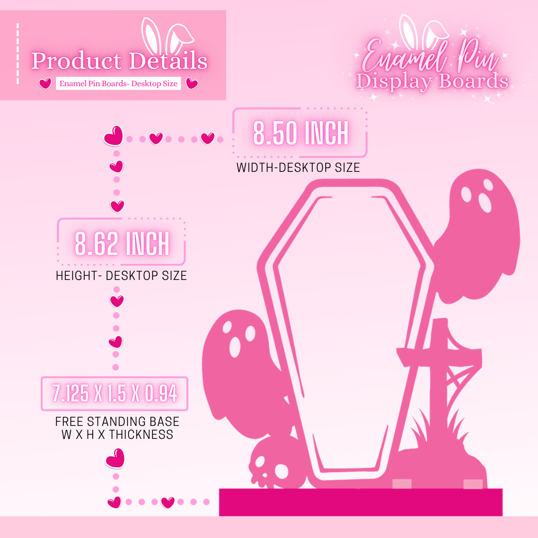 Pink enamel pin display board with measurements and product details on a pink background