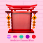 A red decorative torii gate display stand with hanging yellow ornaments, shown against a pink brick wall background. Text at the bottom reads 'Holds 18+ Enamel Pins' with five color swatches below.