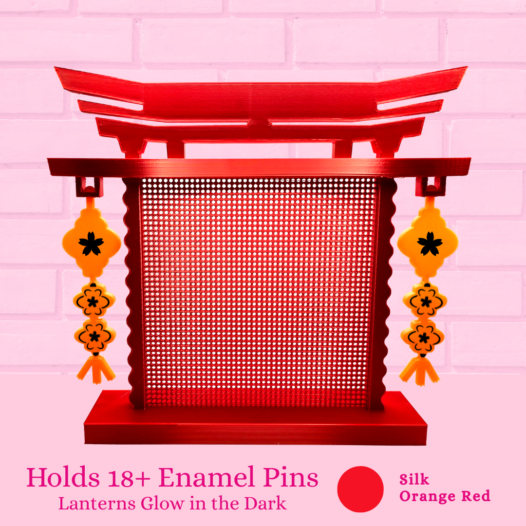 Silk Orange Red Japanese Arch enamel pin board and the words holds 18+ enamel pins.