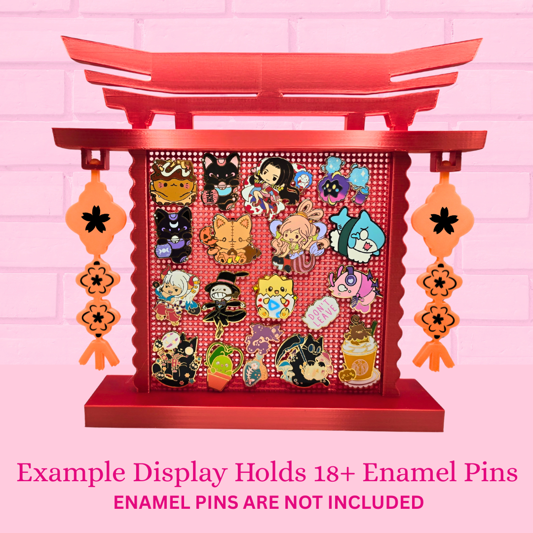 Example Japanese Arch enamel pin board with 18 pins and the words Example display holds 18+ enamel pins, Enamel pins are not included.