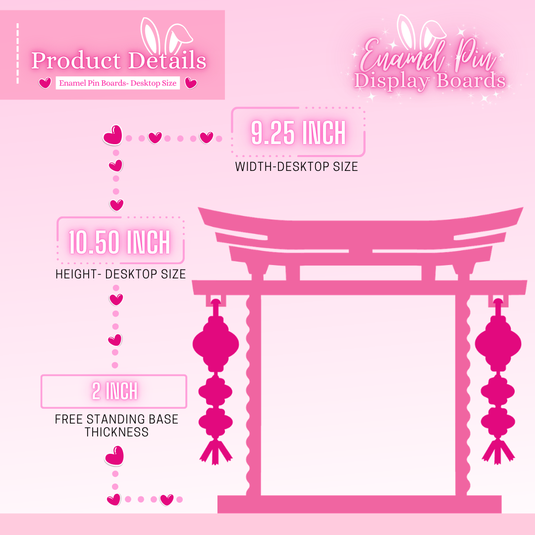 Pink enamel pin display board with measurements and product details on a pink background