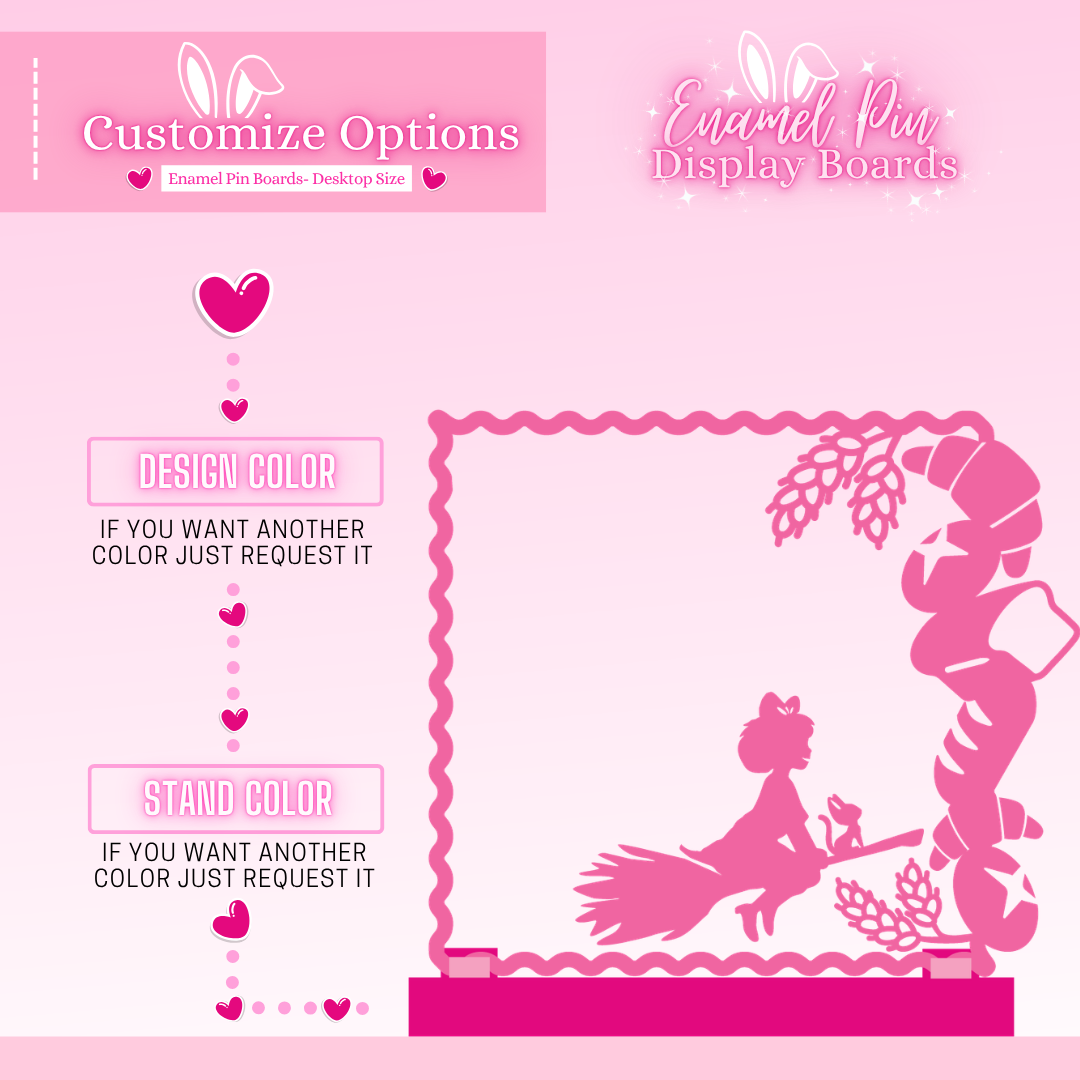 Pink display board with customizable options for design and stand color on a pink background.