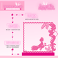 Pink enamel pin display board with measurements and product details on a pink background