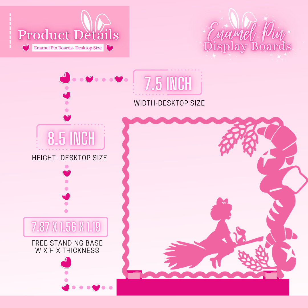 Pink enamel pin display board with measurements and product details on a pink background