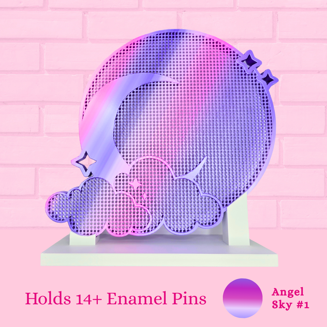 Angel Sky, Moon and Clouds enamel pin board, with the words Holds 14+ enamel pins.