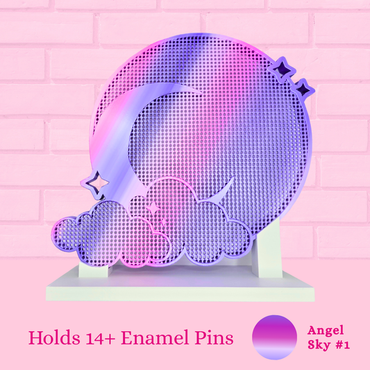 Angel Sky, Moon and Clouds enamel pin board, with the words Holds 14+ enamel pins.