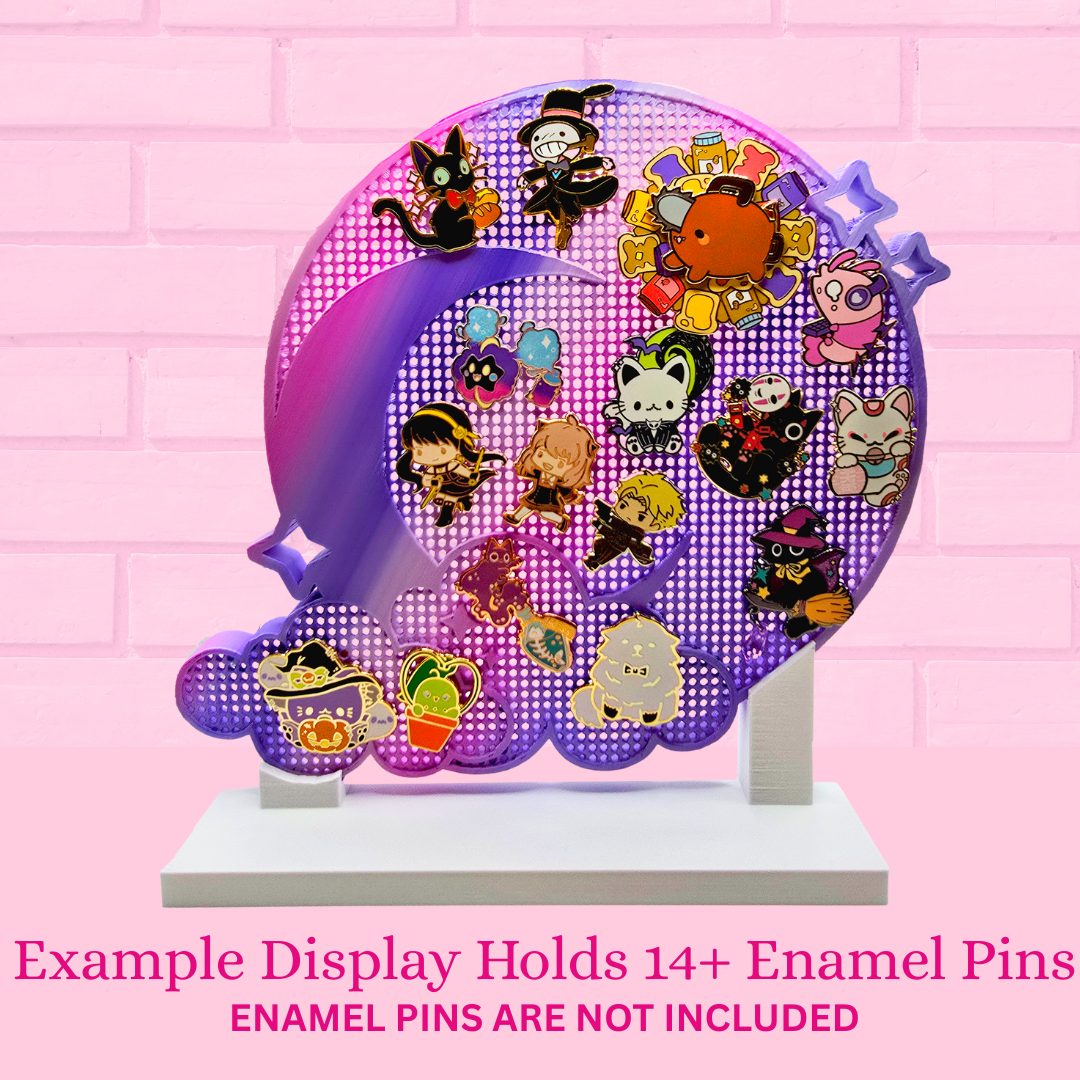 Example Moon and Cloud enamel pin board with 16 pins with the words Example display holds 14+ enamel pins, enamel pins are not included.