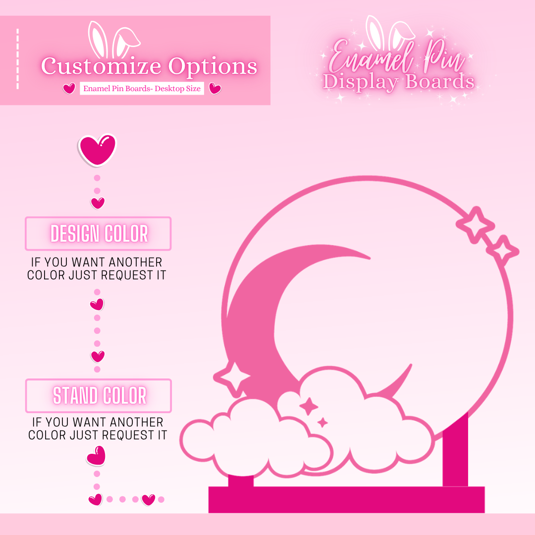Pink display board with customizable options for design and stand color on a pink background.