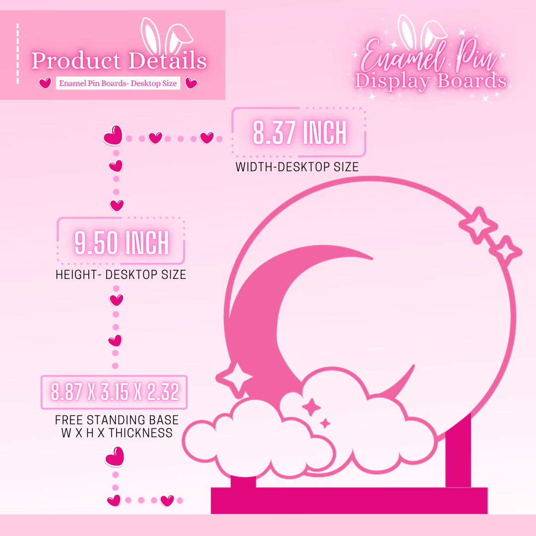 Pink enamel pin display board with measurements and product details on a pink background