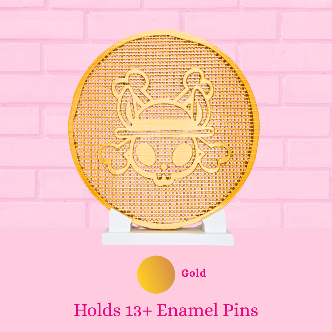 Gold Pirate Bunny Coin enamel pin display board is shown with words holds 13+ enamel pins.