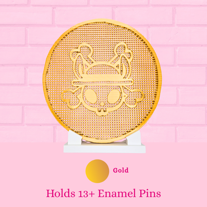 Gold Pirate Bunny Coin enamel pin display board is shown with words holds 13+ enamel pins.