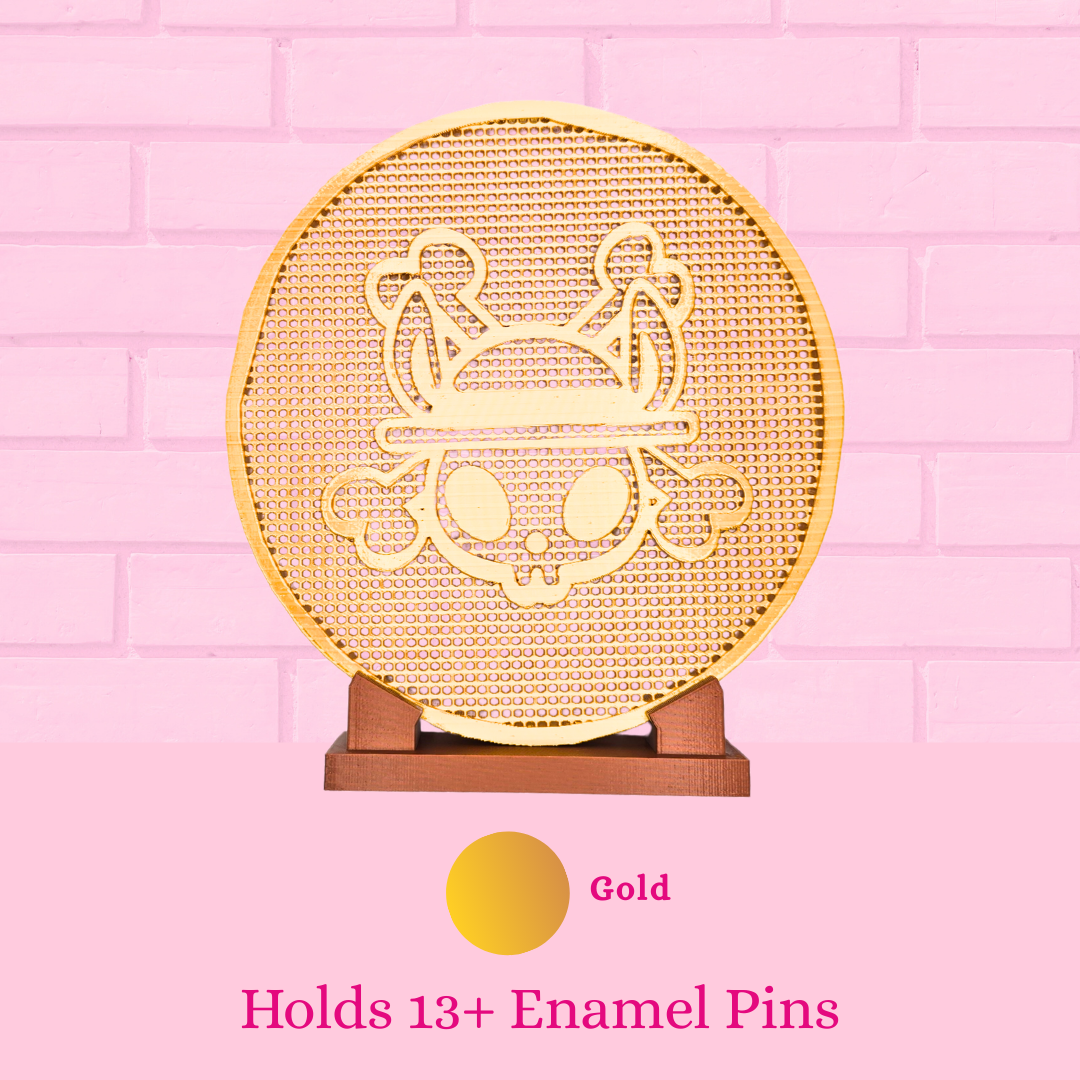 Gold Pirate Bunny Coin enamel pin display board is shown with words holds 13+ enamel pins.