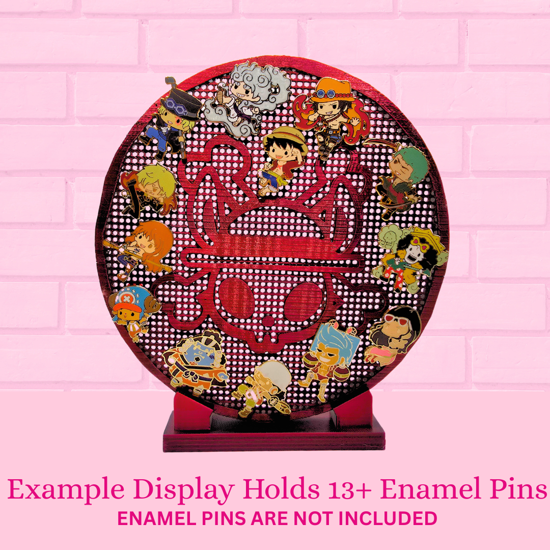 Silk red black Bunny Coin enamel pin display board with 13 enamel pins, with the word Example display holds 13+ enamels pins, enamel pins are not included.
