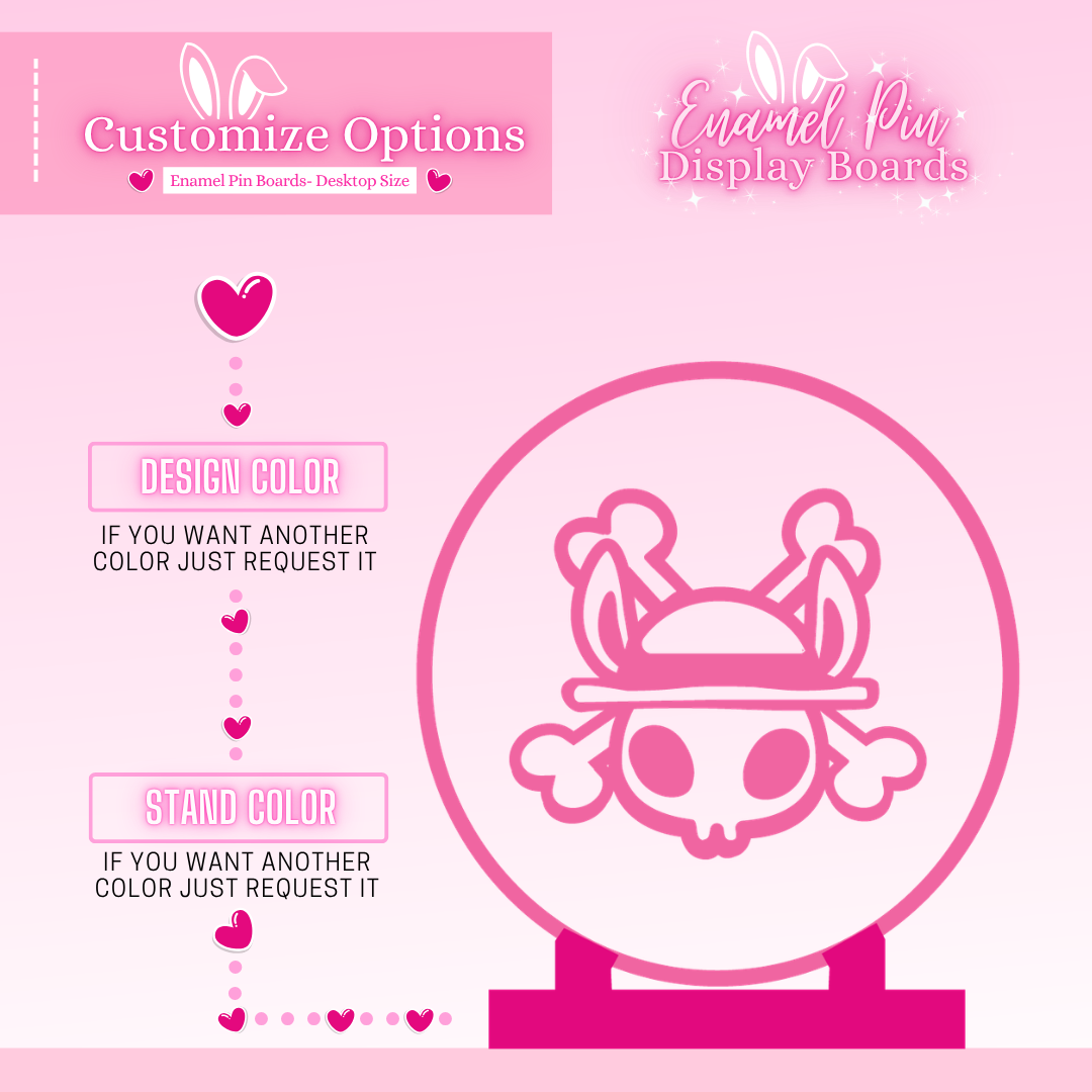Pink display board with customizable options for design and stand color on a pink background.