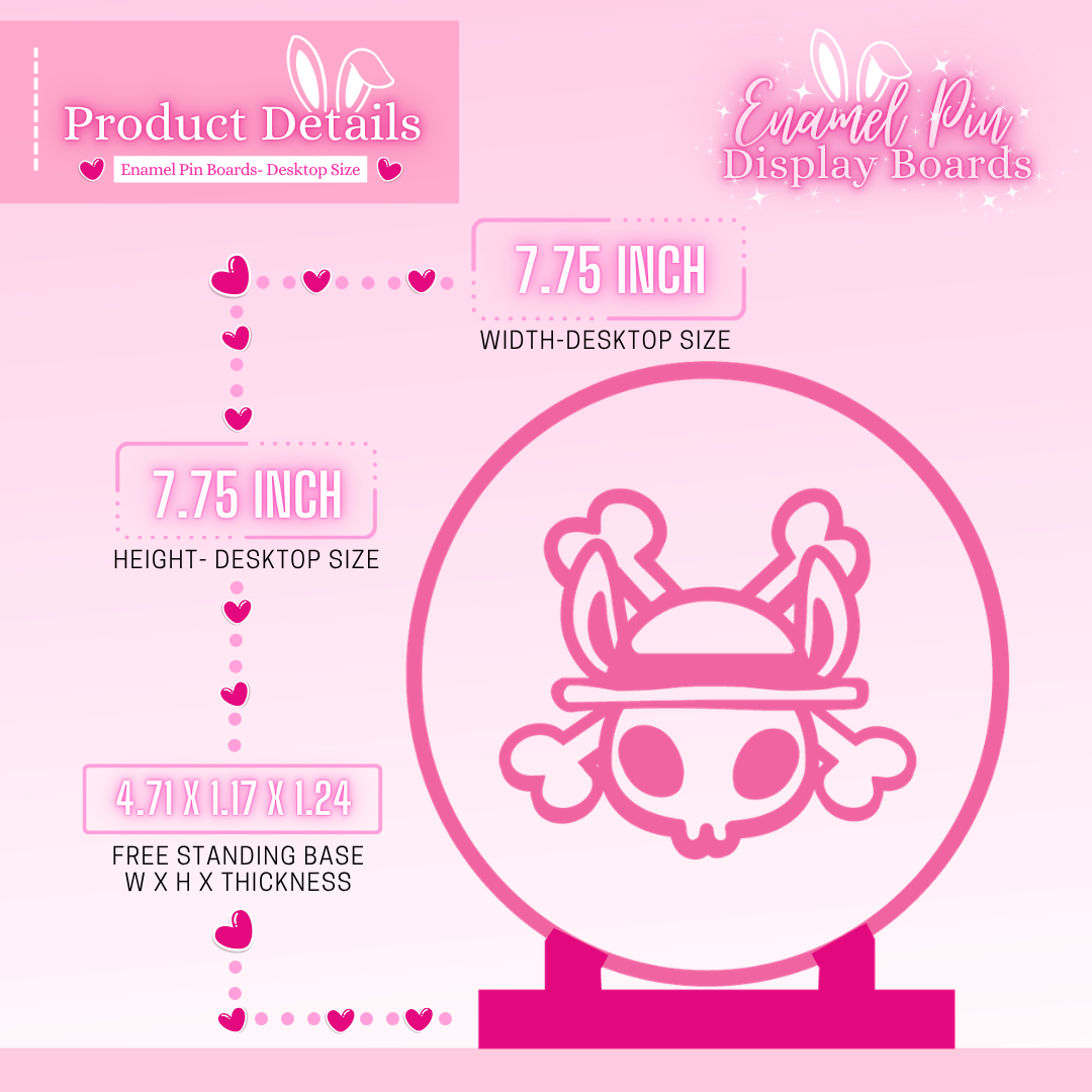 Pink enamel pin display board with measurements and product details on a pink background