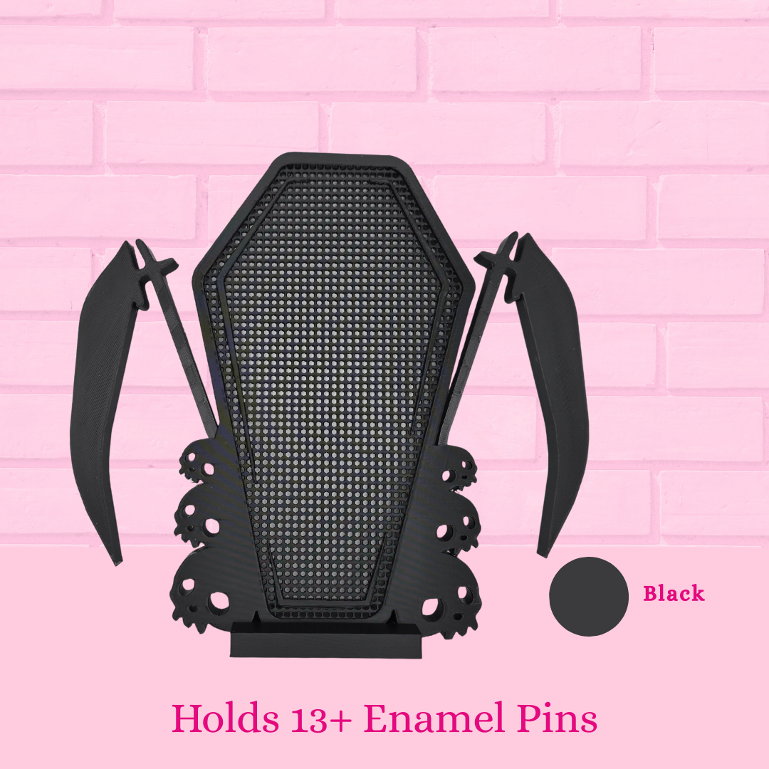Black Scythe Coffin with Skulls enamel pin board, with the words Holds 13+ enamel pins.