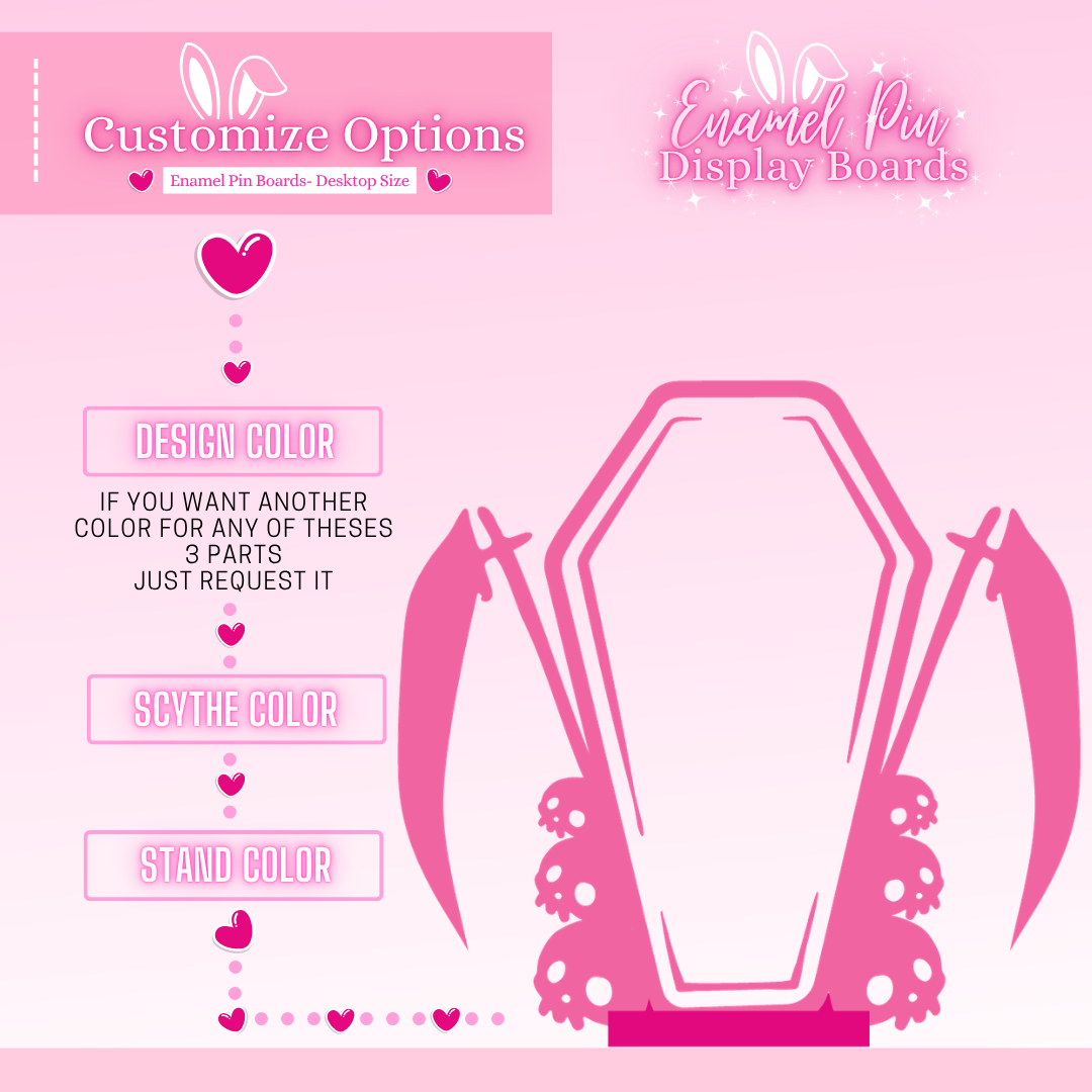 Pink display board with customizable options for design and stand color on a pink background.