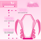 Pink enamel pin display board with measurements and product details on a pink background